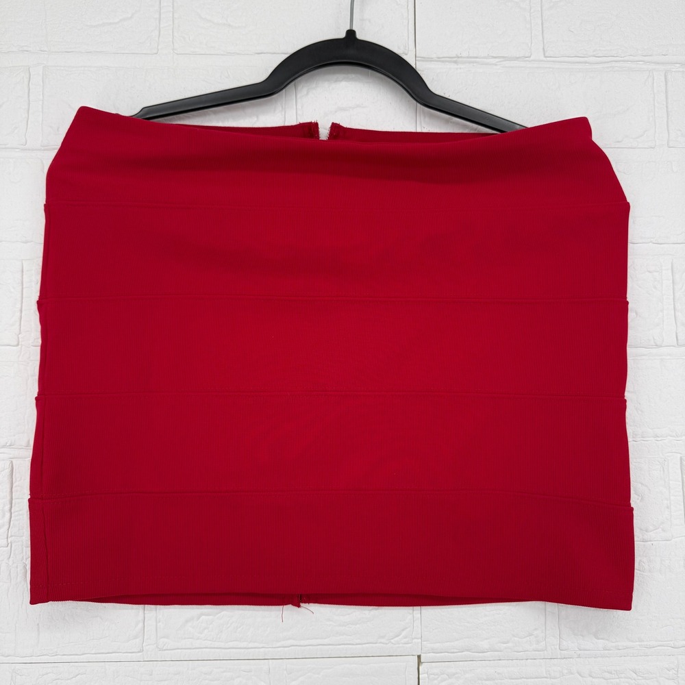Ambiance Apparel Mini Skirt Women L Red Bandage Bodycon Back Zip Ribbed Tiered